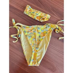 Dippin Daisys Bikini Set Womens Size L Yellow Citrus Floral Print Tie Side